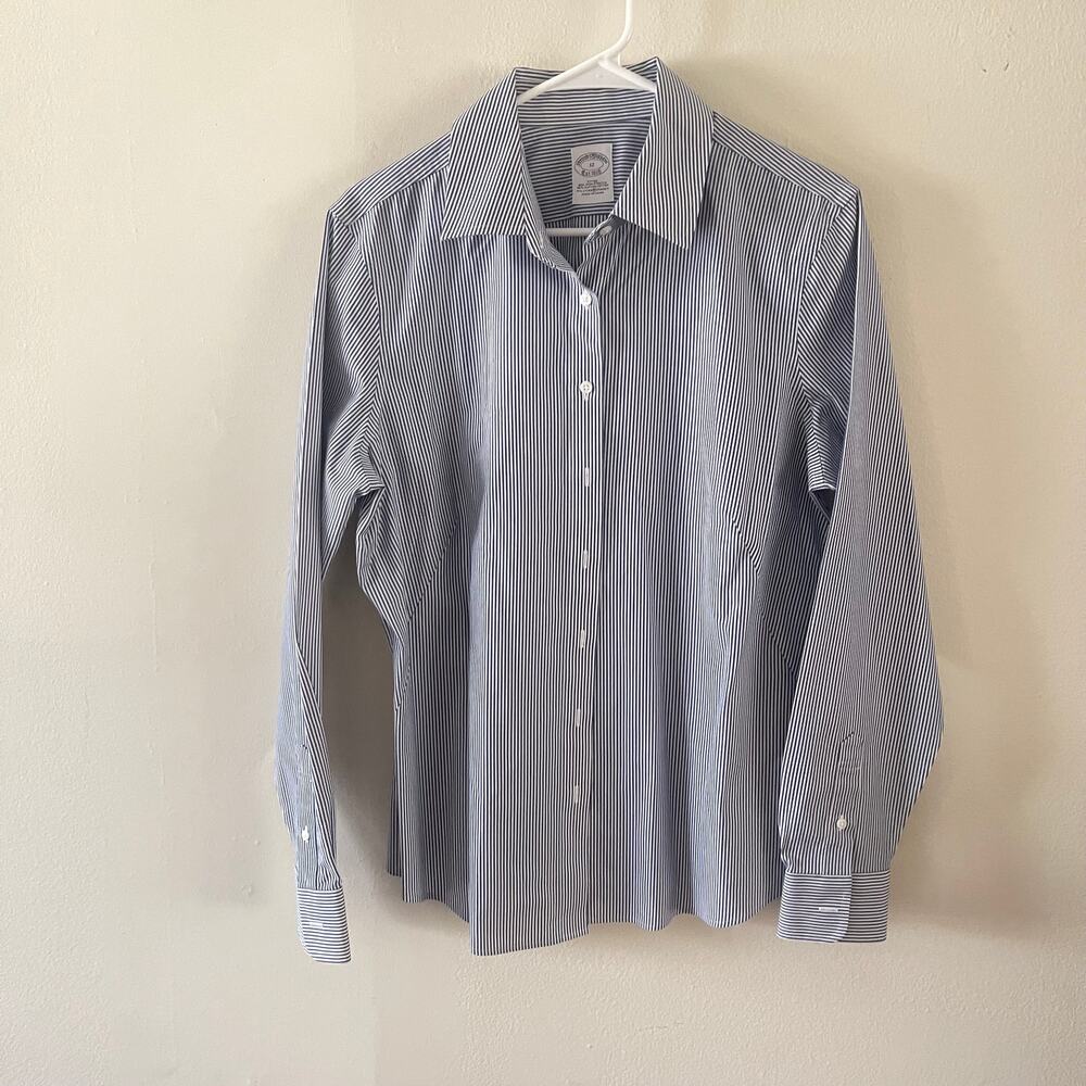Brooks Brothers Micro Stripe Fitted Non Iron Button Up Shirt Women 12 Blue White